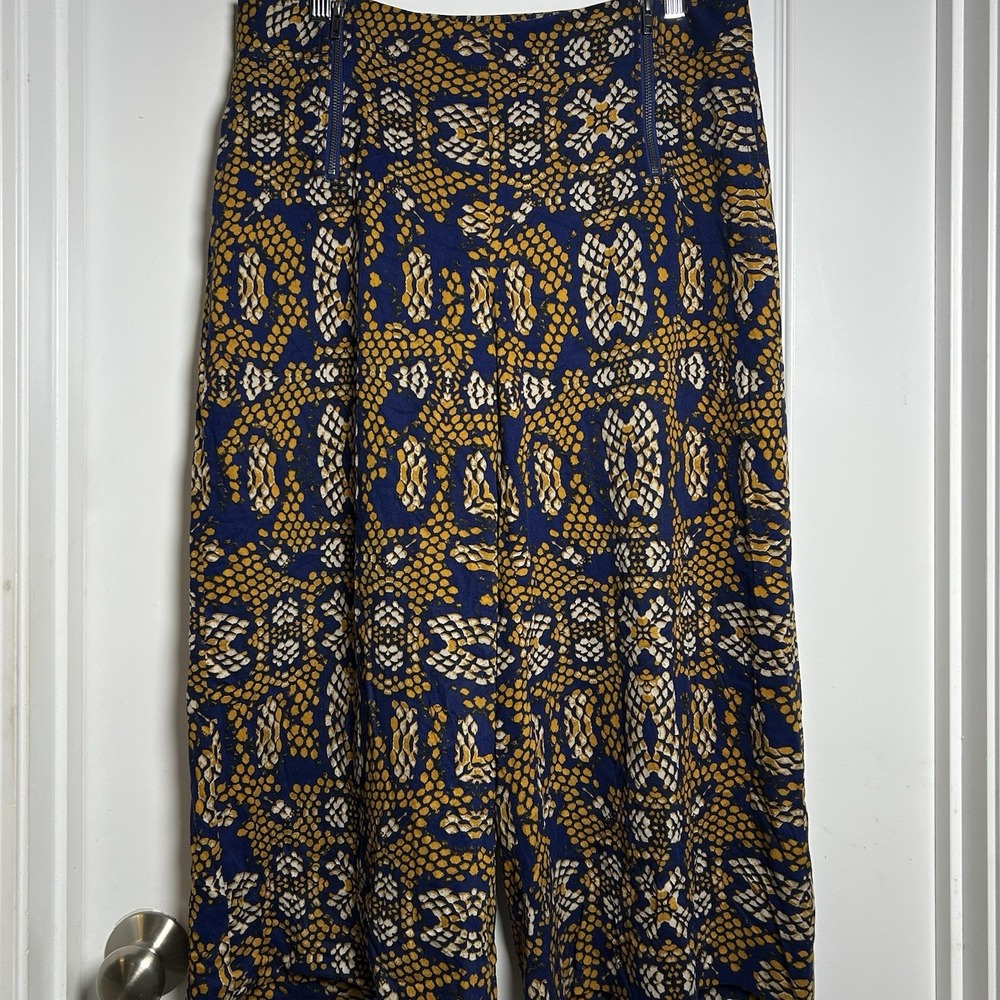 Cartonnier Anthropologie Blue Yellow Geometric Snake Motif Print Wide Leg Pants